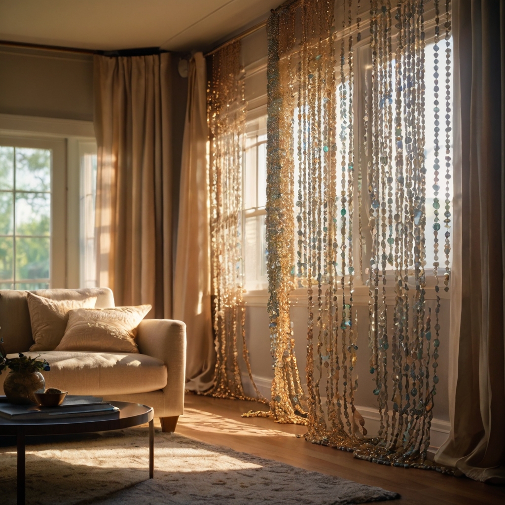 A softly lit entryway with shimmering beaded curtains swaying gently, framing a cozy, sunlit living space.