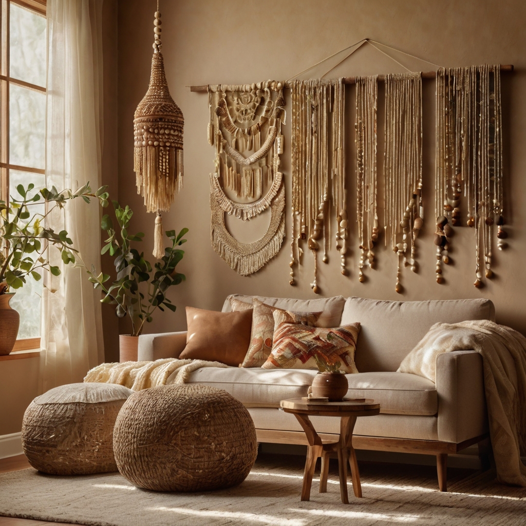 Cascading beaded wall hangings in warm neutrals, softly lit to enhance their intricate craftsmanship.