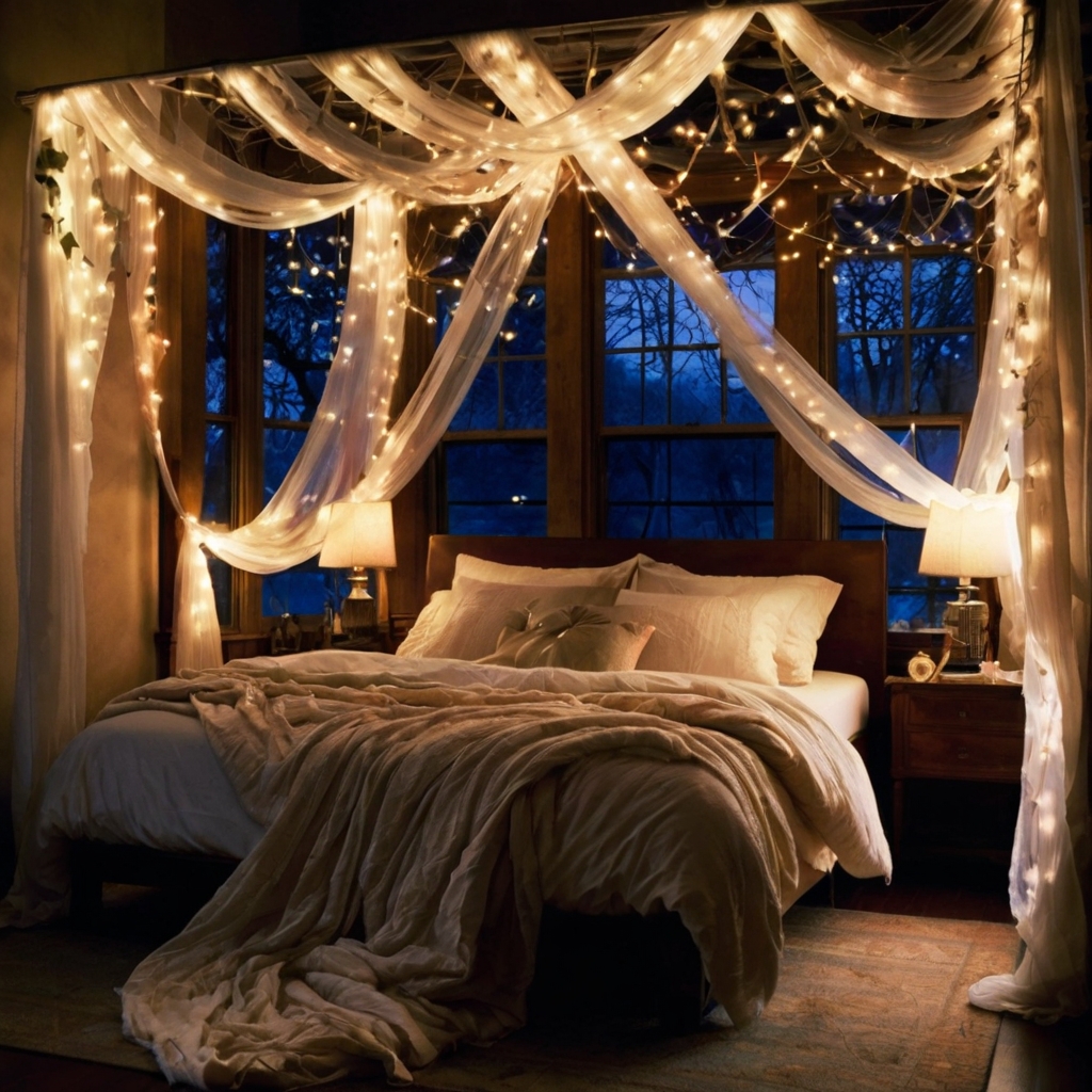 Sheer flowing fabric creates a dreamy bed canopy with twinkling fairy lights inside. Soft light from a window enhances the cozy, ethereal atmosphere.