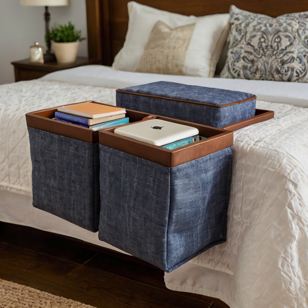 Fabric organizers keep books and gadgets within reach. A clutter-free solution for nightstand storage.