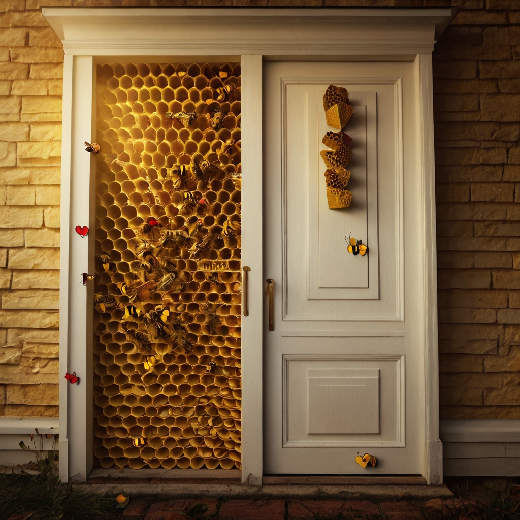 A glowing golden honeycomb filled with fuzzy bees carrying tiny love notes, shimmering under warm sunlight for a cozy Valentine's look.
