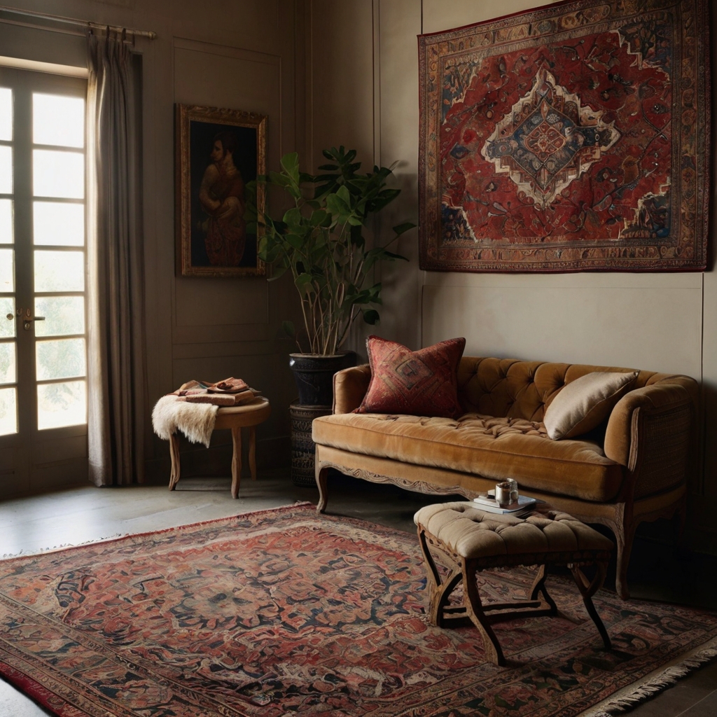 Use intricate Persian or Turkish rugs to add vintage flair. Soft lighting enhances the rug’s details, creating a cozy ambiance.