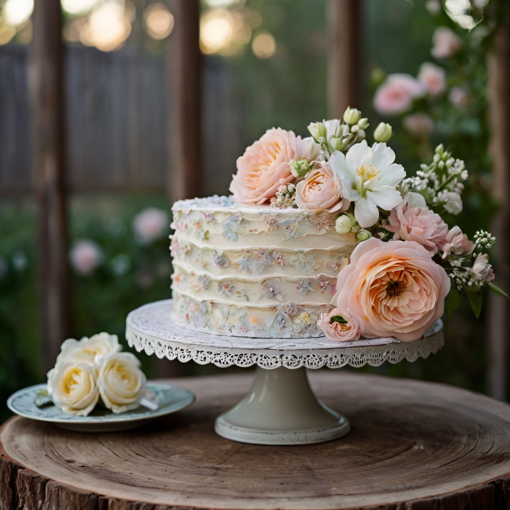 A pastel cake on a rustic stand, decorated with fresh flowers and delicate edible blossoms.