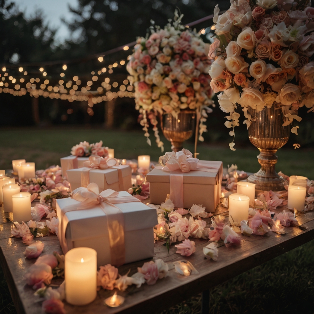 A beautifully decorated gift table with floral garlands and twinkling fairy lights.