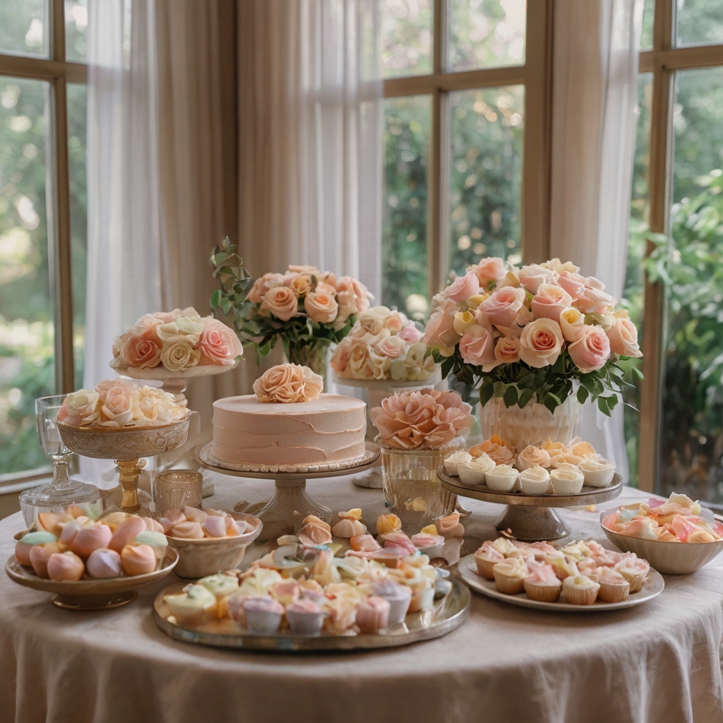 A pastel-themed dessert table with floral sweets, buttercream roses, and sugar flowers. Soft natural light adds a dreamy, garden-like ambiance.