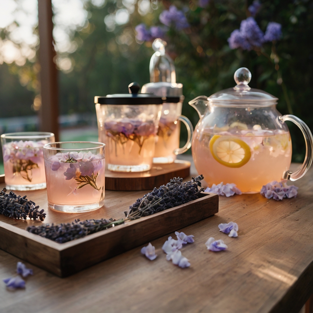 A floral-infused drink station with lavender and rose lemonade in crystal pitchers.