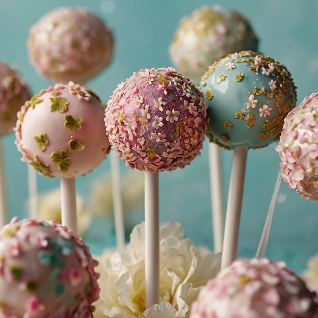 Floral-decorated cake pops with hand-piped petals and edible glitter. A glossy finish and soft lighting enhance their delicate charm.