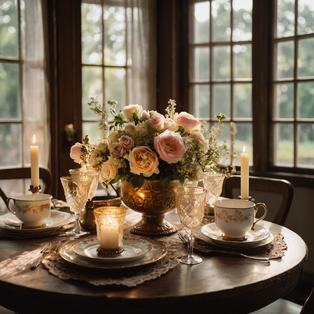 A vintage table setting featuring ornate vases filled with roses, peonies, and glowing candlelight.