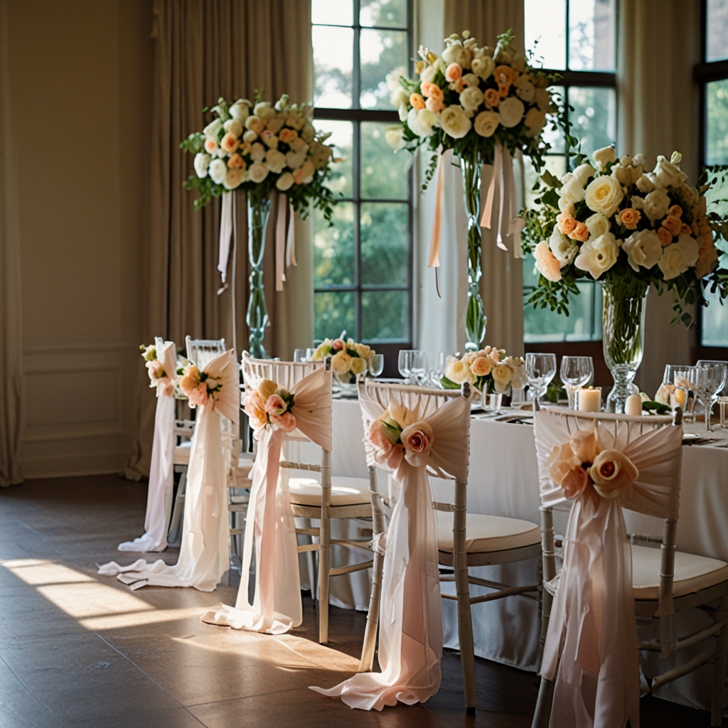 White chairs adorned with cascading floral arrangements and pastel ribbons for a romantic touch.