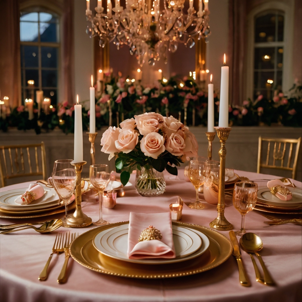 Soft blush tones and golden accents create a dreamy Valentine’s ambiance. Twinkling fairy lights and flickering candles enhance the romantic glow.