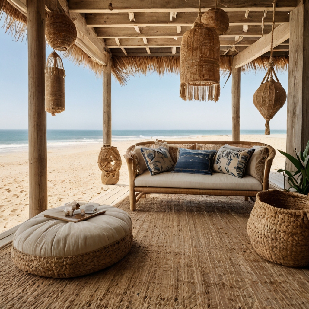 Mix macramé, rustic wood, and tasseled throws for an eclectic boho beach getaway.
