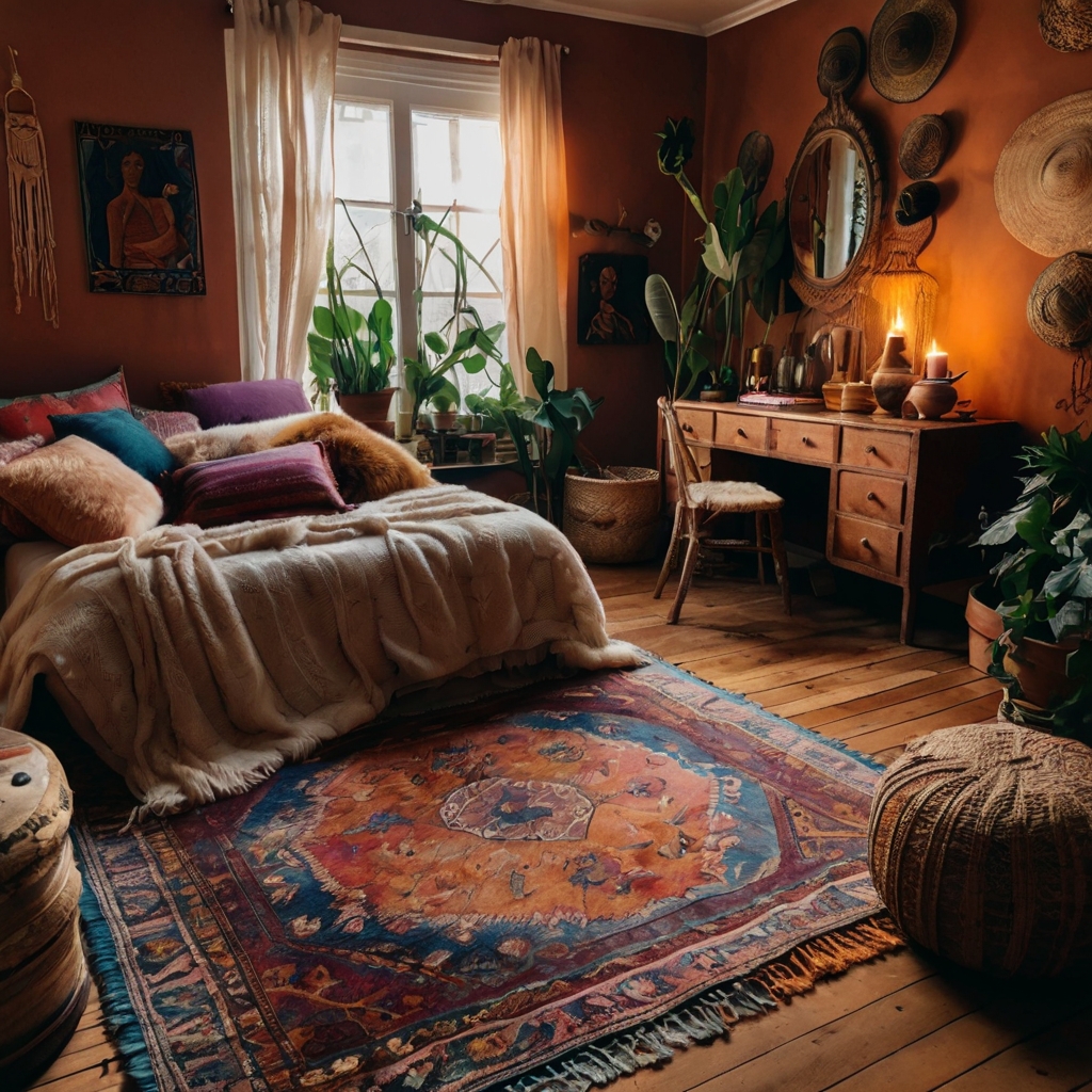 Embrace bohemian style with textured rugs, funky furniture, and warm lighting that creates a cozy, free-spirited vibe.