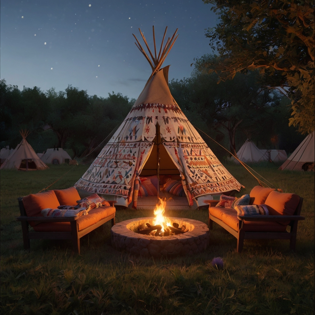 A colorful tipi set in a wildflower meadow, glowing under a sunset sky. Fairy lights twinkle around a cozy fire pit.