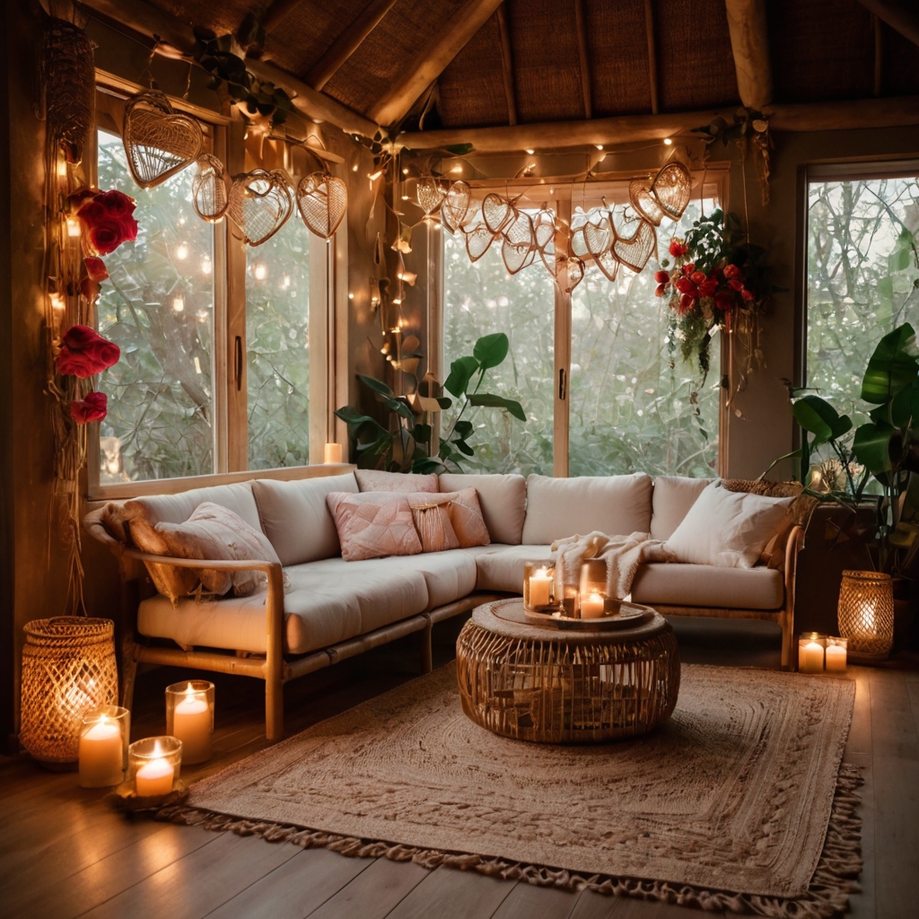 A cozy boho nook with warm lighting, woven textures, and earthy tones. Rattan decor and twinkling lights create a dreamy, laid-back Galentine’s retreat!