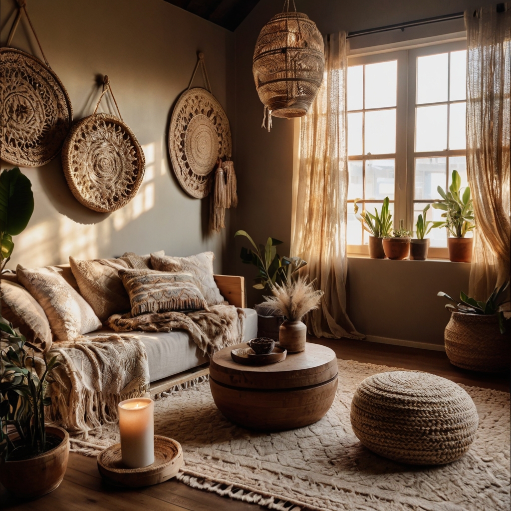 Embrace bohemian style with textured rugs, macrame hangings, and warm lighting creating a relaxed, inviting living space.