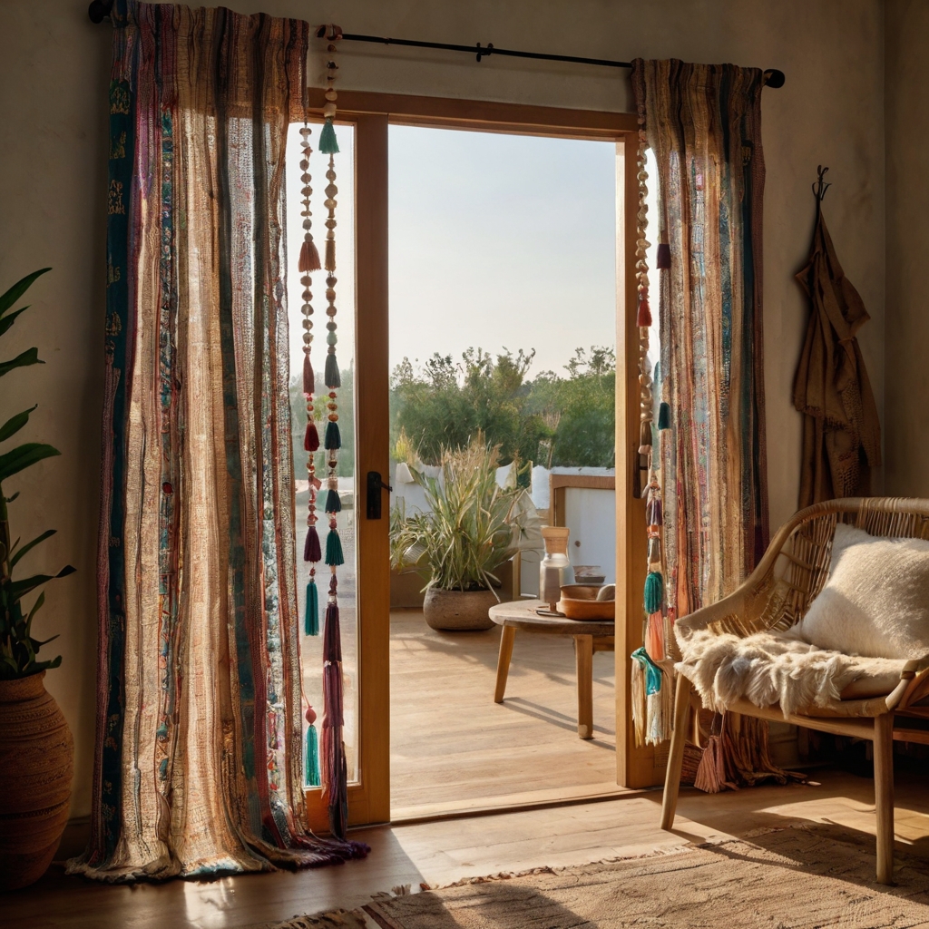 Vibrant boho curtains in cotton and linen with tassels. Soft sunlight from the side highlights the natural textures in a cozy, earthy room.