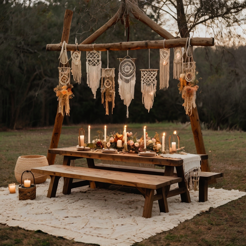 A rustic wooden table with macramé and wildflowers sets a boho mood. Soft lanterns and earthy tones enhance the relaxed, romantic vibe.