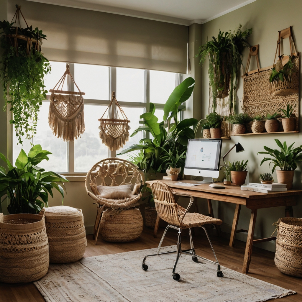 A workspace with macramé decor, woven baskets, and wooden accents. Earthy tones and greenery create a relaxing, bohemian aesthetic.