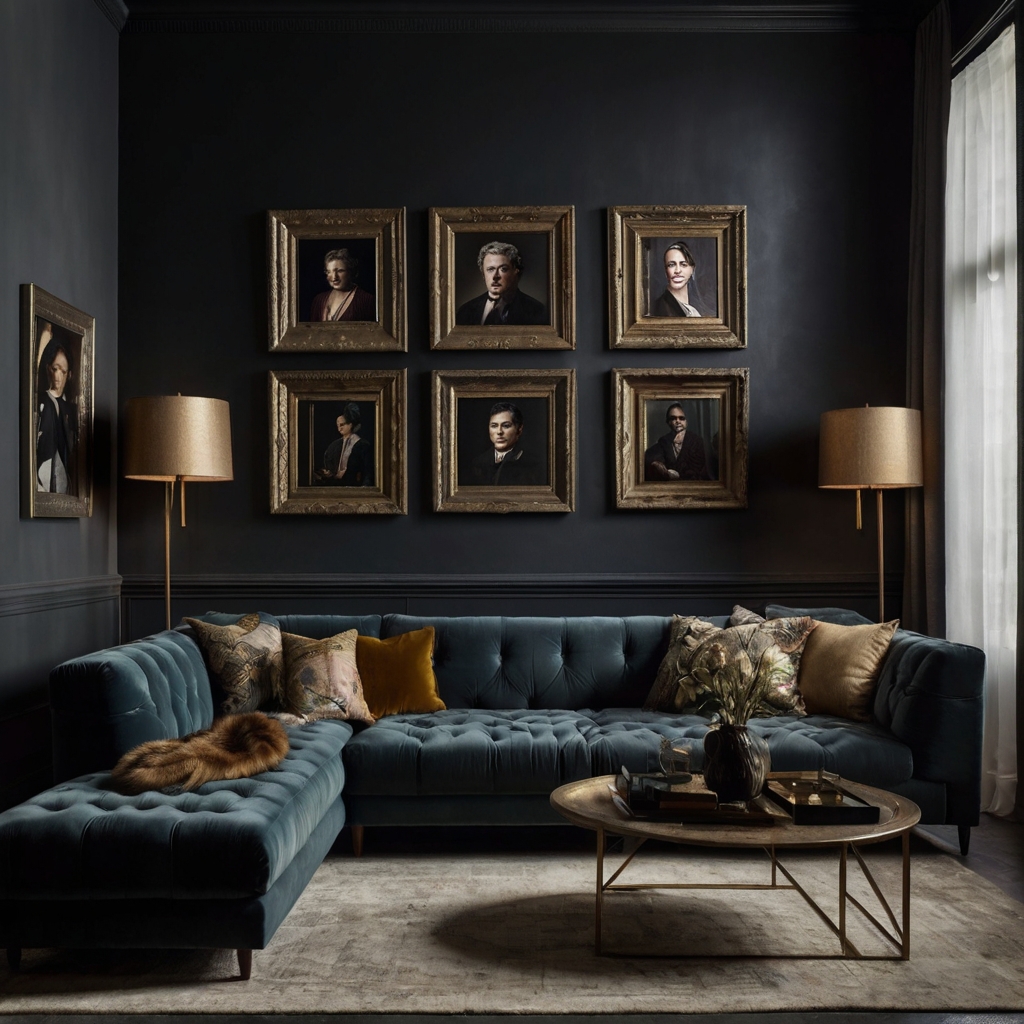 A gallery wall with oversized canvases, moody portraits, and vintage frames. Rich textures and deep tones make a striking visual impact in the room.