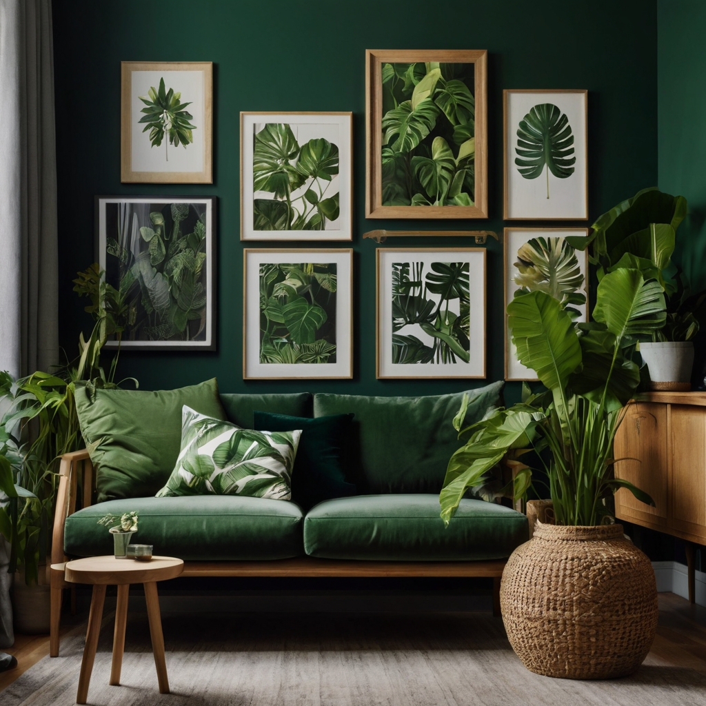 A vibrant space with lush botanical wall art, a green accent wall, and natural wood furniture bathed in daylight.