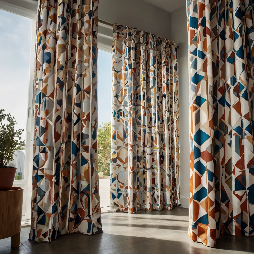 Geometric patterned curtains in bold contrasting colors. Daylight highlights the dynamic patterns in a minimalist modern room.