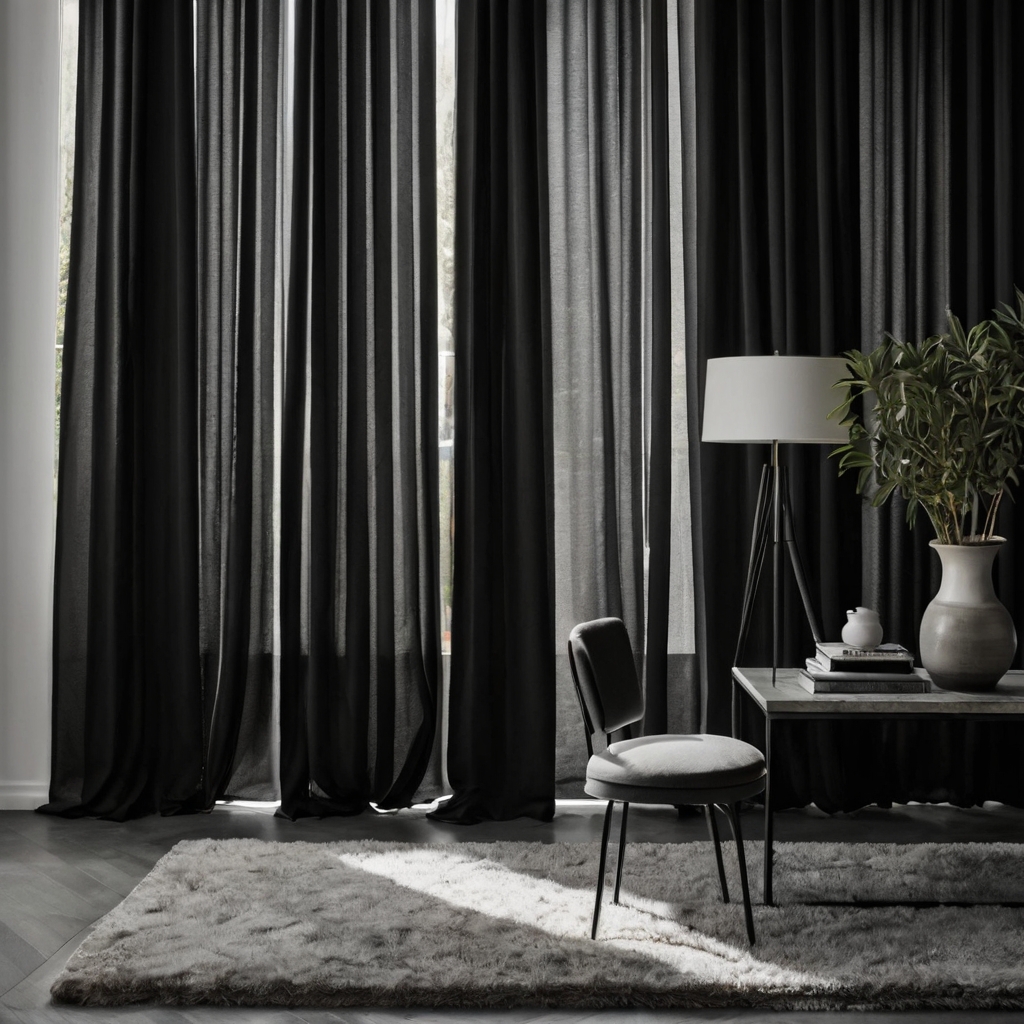 Monochrome curtains in black and white. Strong daylight creates high contrast shadows, emphasizing bold lines in a minimalist room.