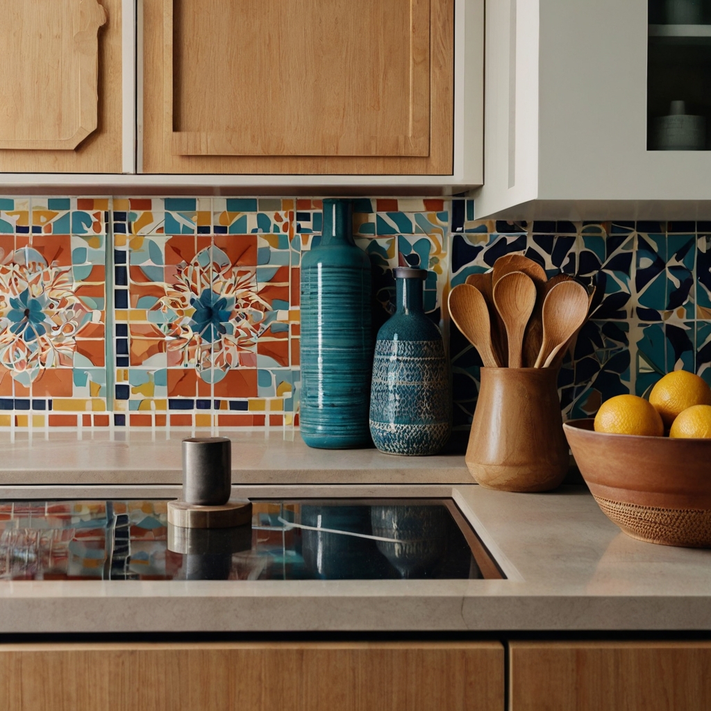 A lively kitchen with geometric coasters, patterned dish towels, and a striking backsplash. Overhead lighting enhances the bold, balanced design.