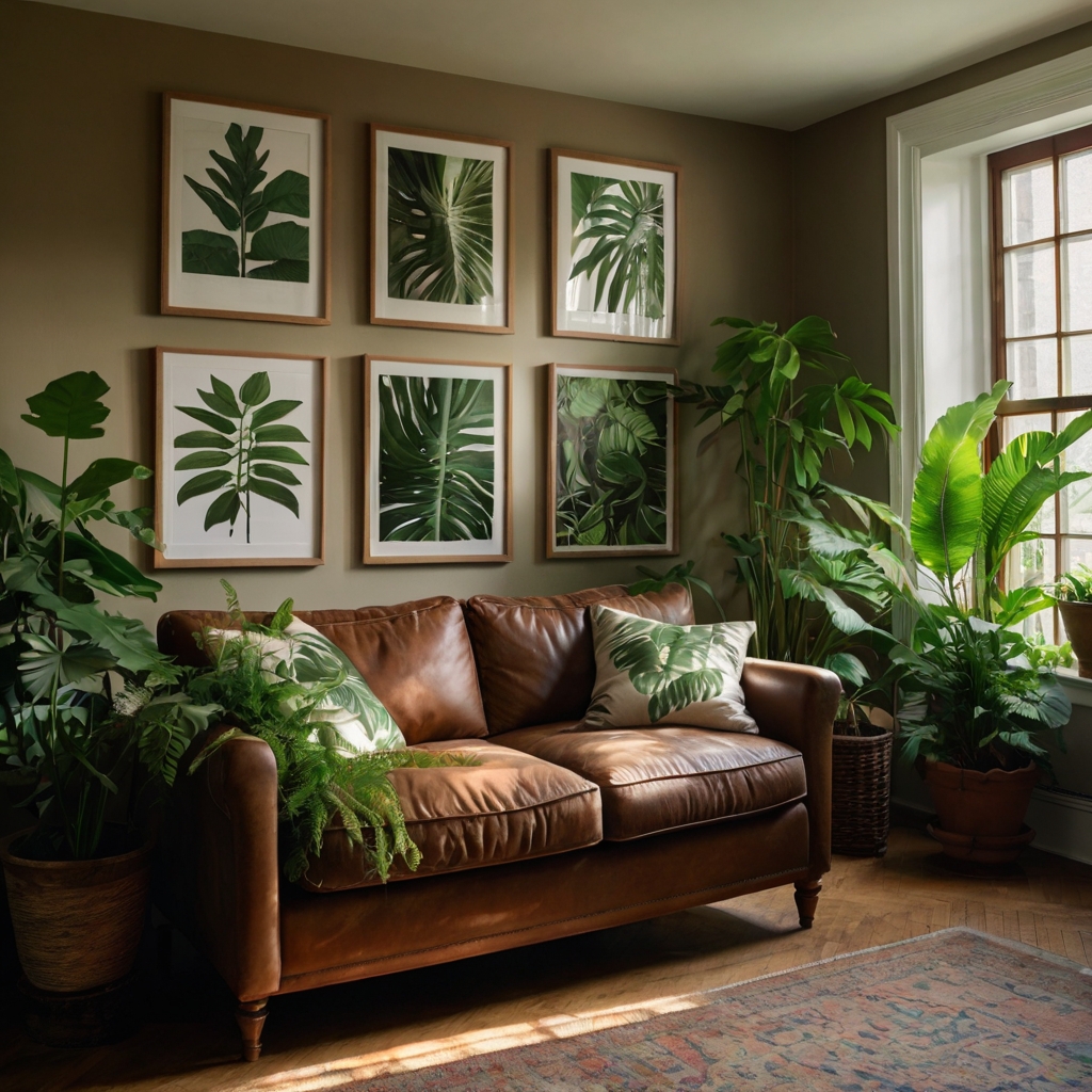 Lush indoor plants and framed botanical prints surround a brown couch. Sunlight casts dappled shadows.