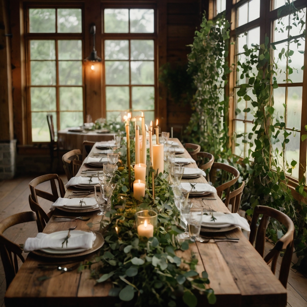 A lush botanical table runner with eucalyptus and wildflowers, creating an organic, earthy tablescape.