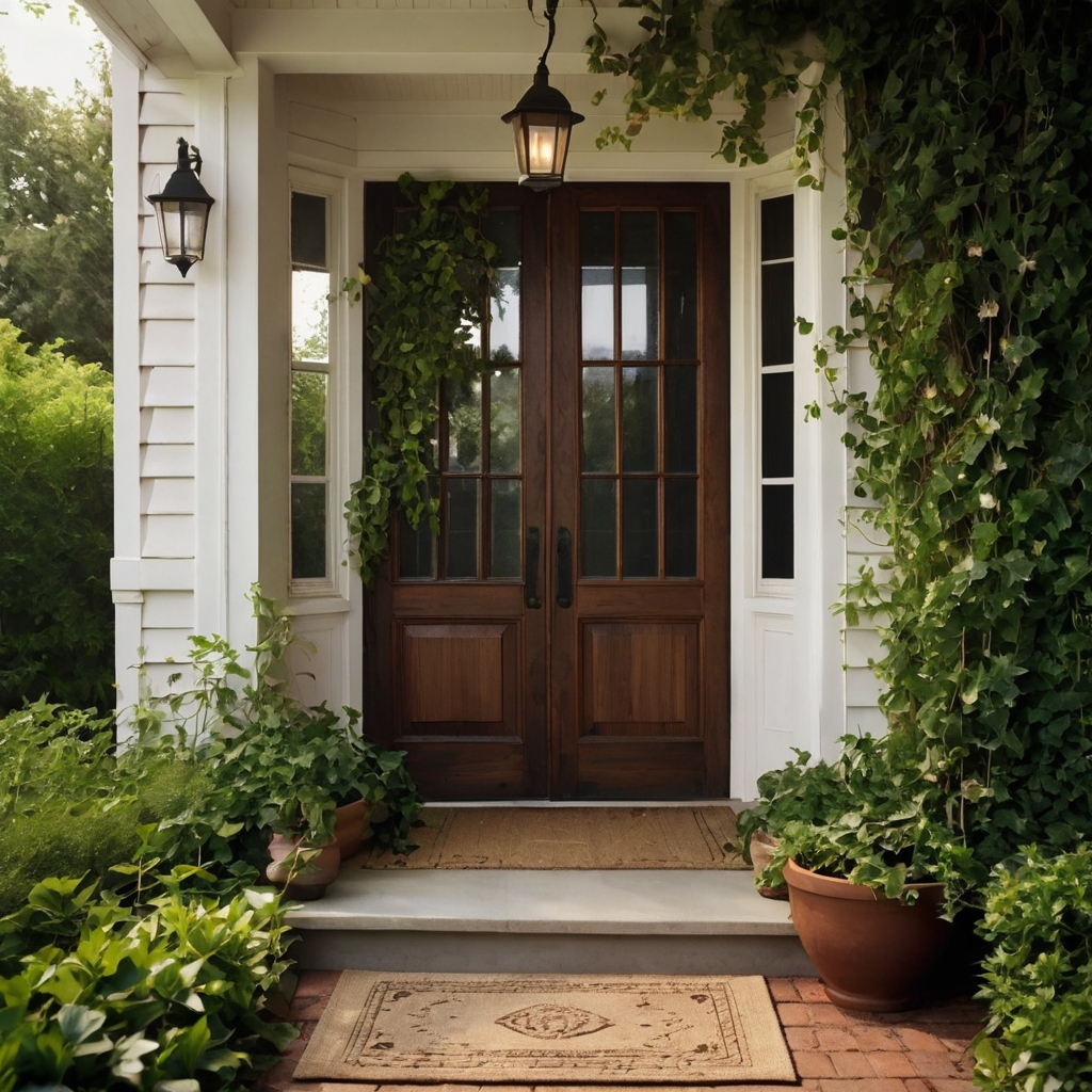 An open wooden doorway framed by climbing ivy and blooming flowers. A gentle breeze stirs sheer curtains, hinting at the warmth and comfort inside.