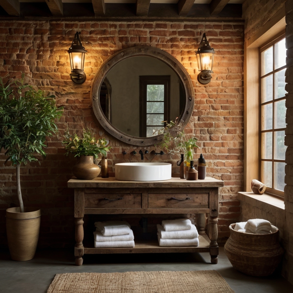 Exposed brick and rough-hewn stone create a grounded, rustic Spanish aesthetic. Soft lighting enhances their natural textures for a cozy, authentic feel.