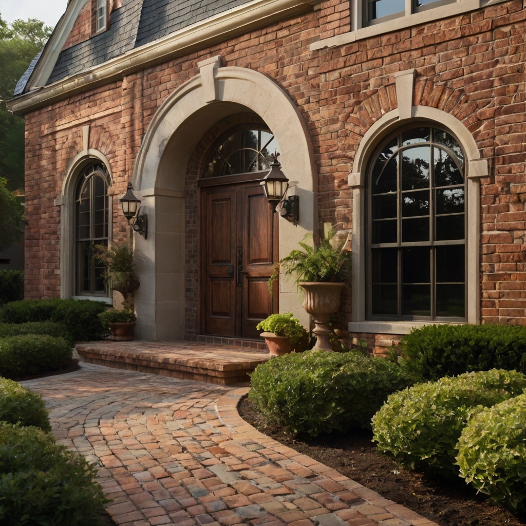 A timeless Southern home with weathered brick and tabby walls, framed by hydrangeas. A winding brick path leads to a wooden front door, exuding vintage character.