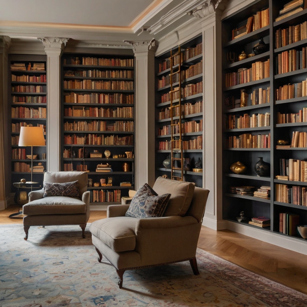 Floor-to-ceiling bookcases filled with curated books, framed art, and decorative items. Warm lighting highlights the elegance and personality of the design.