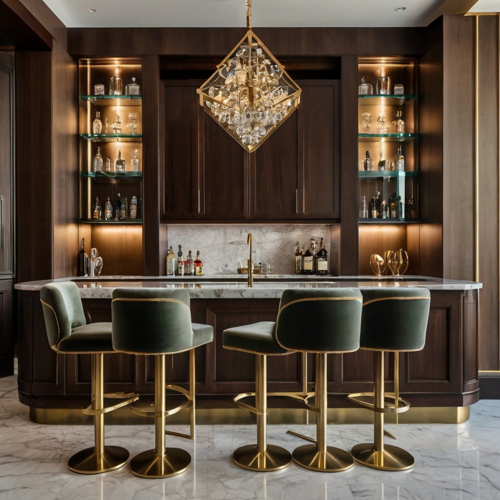 A built-in wet bar with walnut cabinetry and a marble counter exudes refinement. Glass display shelves hold crystal glassware under warm lighting.