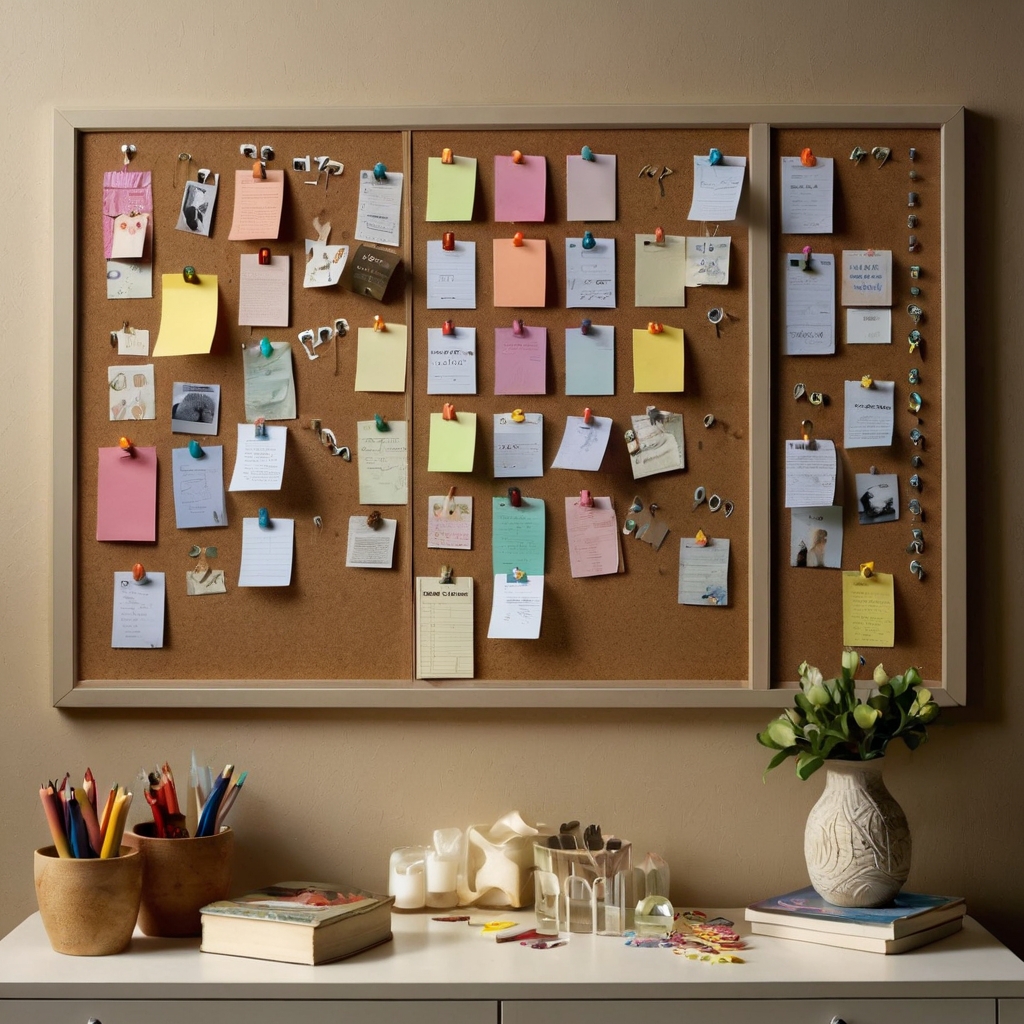 Bulletin board filled with notes, reminders, and photos, surrounded by soft lighting. Fun pushpins and clips add personality to the organized, vibrant display.