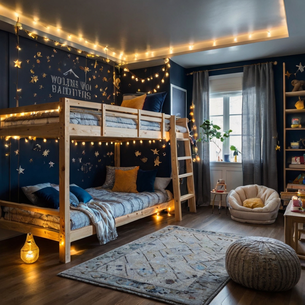 Space-saving bunk beds turn bedtime into an adventure. Built-in drawers keep toys and clothes organized.