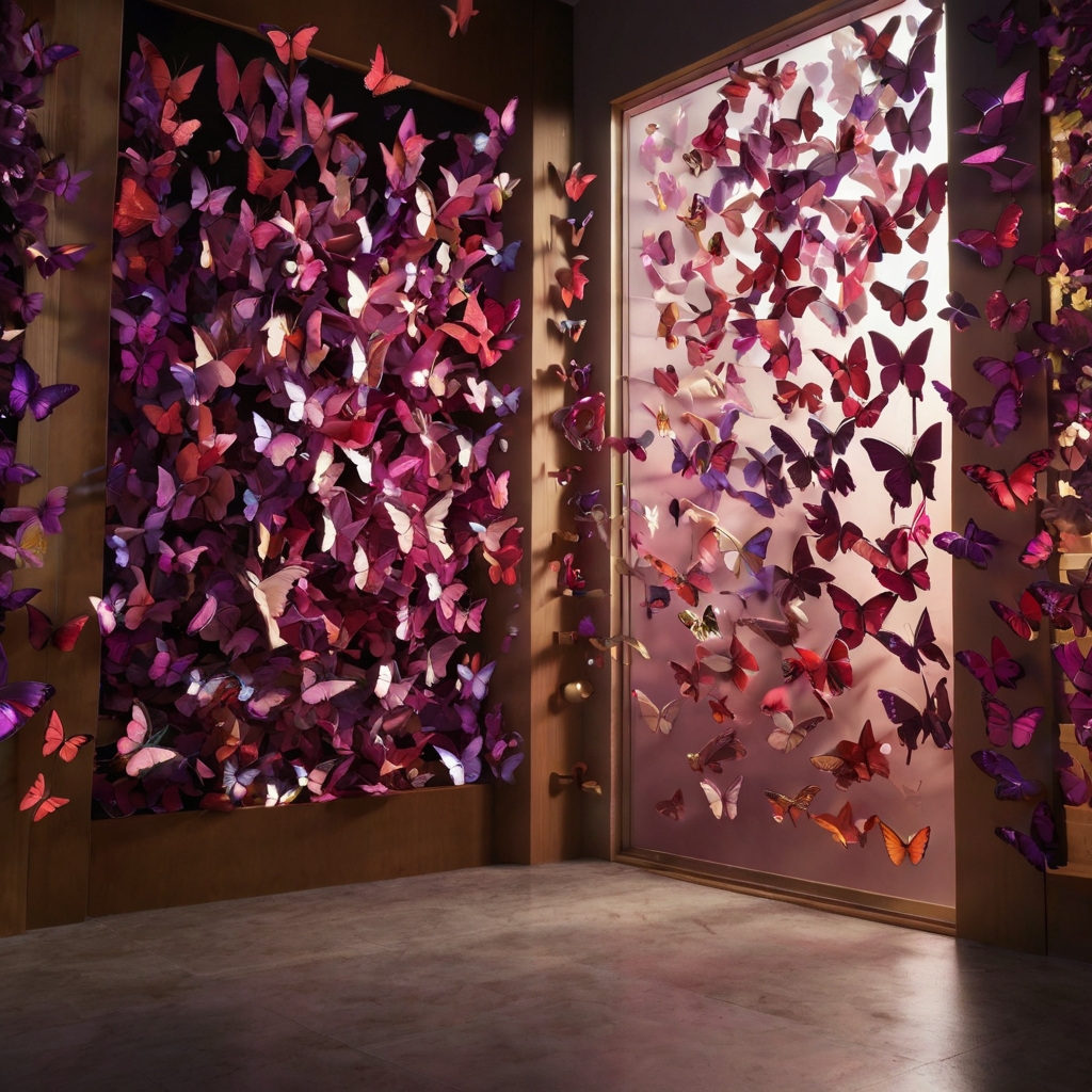 Heart-winged butterflies flutter mid-air, their semi-transparent wings catching soft pink and red hues from surrounding glowing hearts.