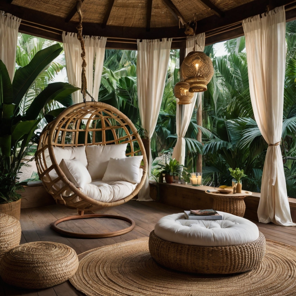 Woven furniture, breezy drapes, and tropical decor transport you to a luxurious cabana retreat.