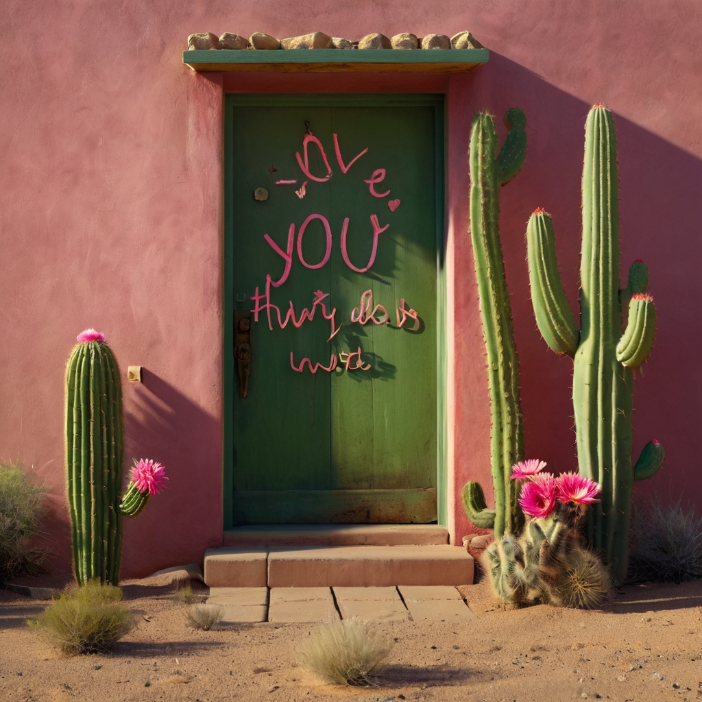 Vibrant heart-shaped cacti bloom with pink and red flowers, their textures glowing under warm desert sunlight with a fun ‘Stuck on You’ sign.