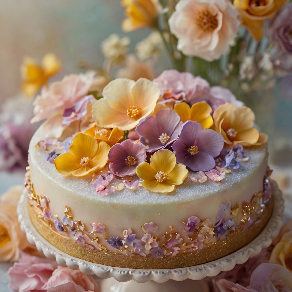 Crystallized edible flowers decorating delicate cakes and cookies. Soft pastel tones and golden accents create a magical aesthetic.