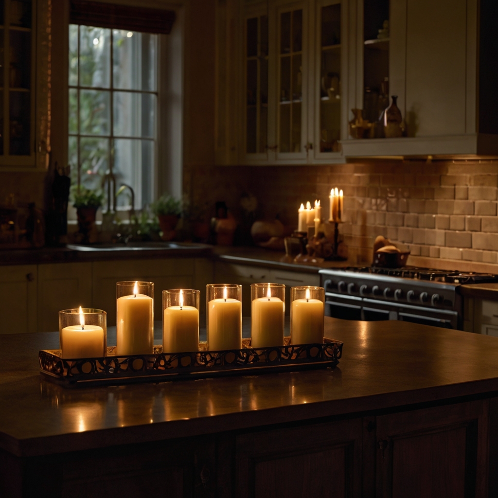 A dimly lit kitchen with decorative candles casting a soft, flickering glow. Smooth surfaces reflect the warm light, creating a serene mood.