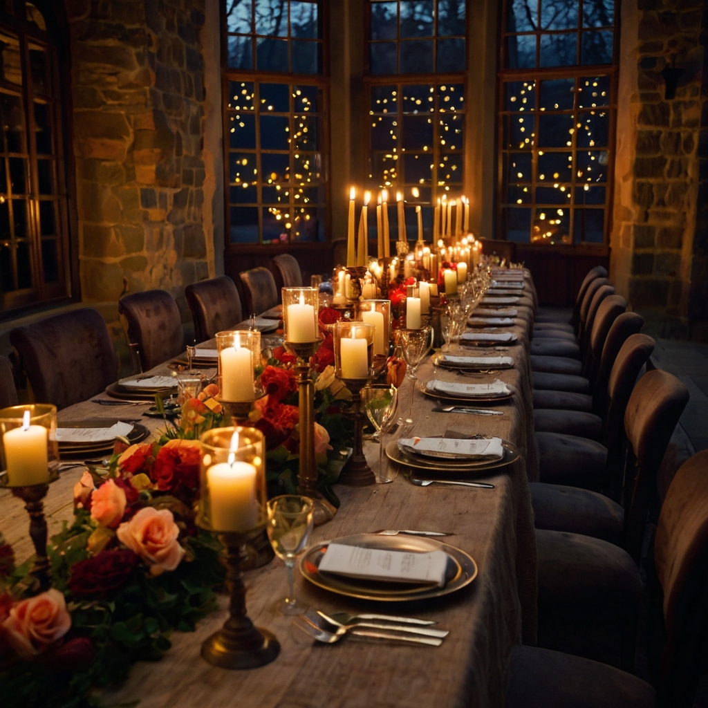 A long rustic table glows with dozens of flickering candles. Rich floral arrangements and velvet textures elevate the romantic scene.