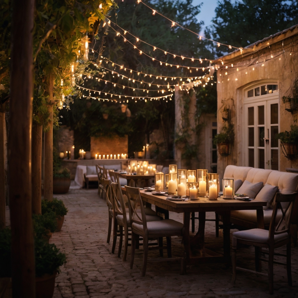 A magical candlelit courtyard glowing under lanterns and fairy lights. Softly draped seating and flickering flames create a romantic retreat.