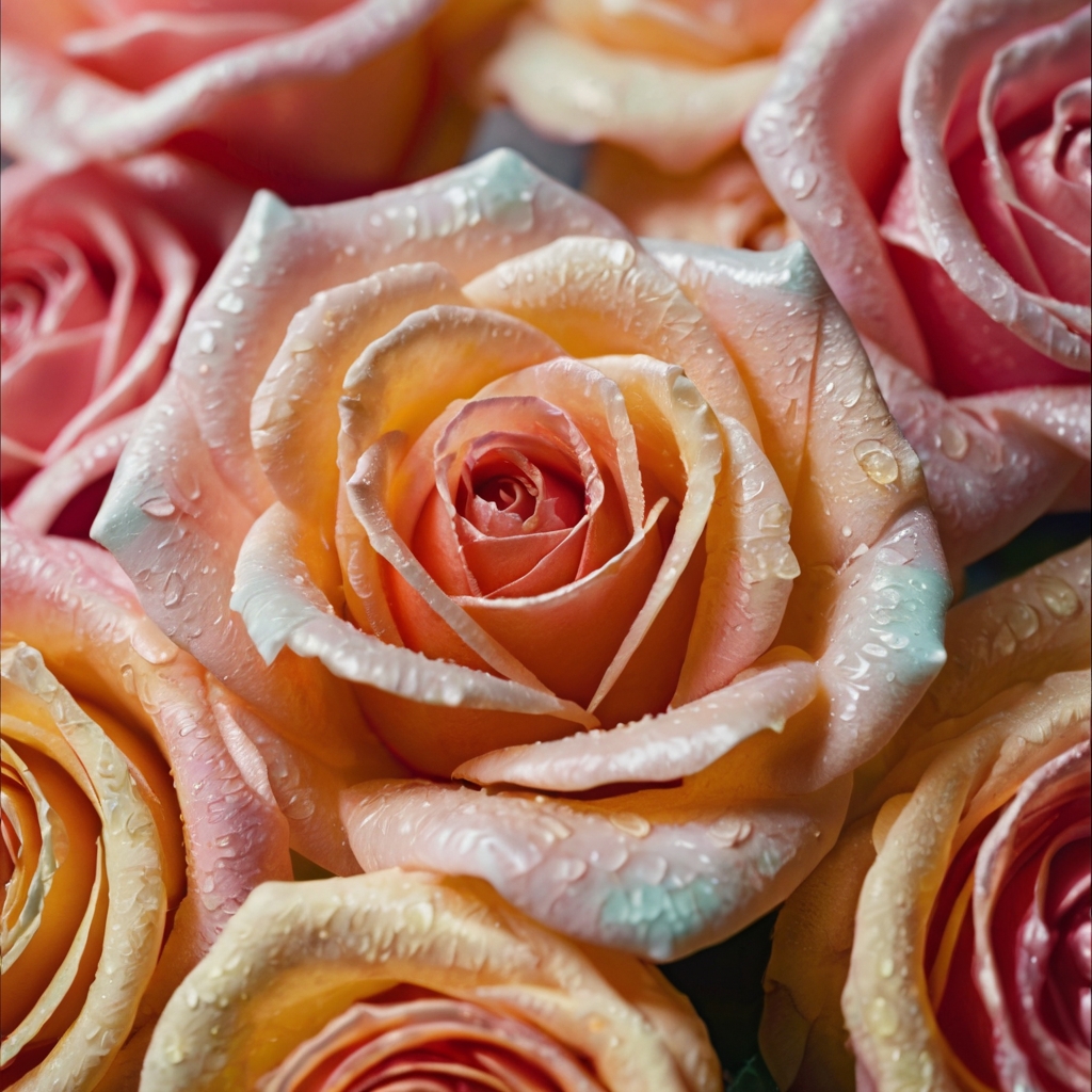 Candy-coated rose-shaped confections with a glossy finish. Soft lighting enhances their translucent, delicate appearance.