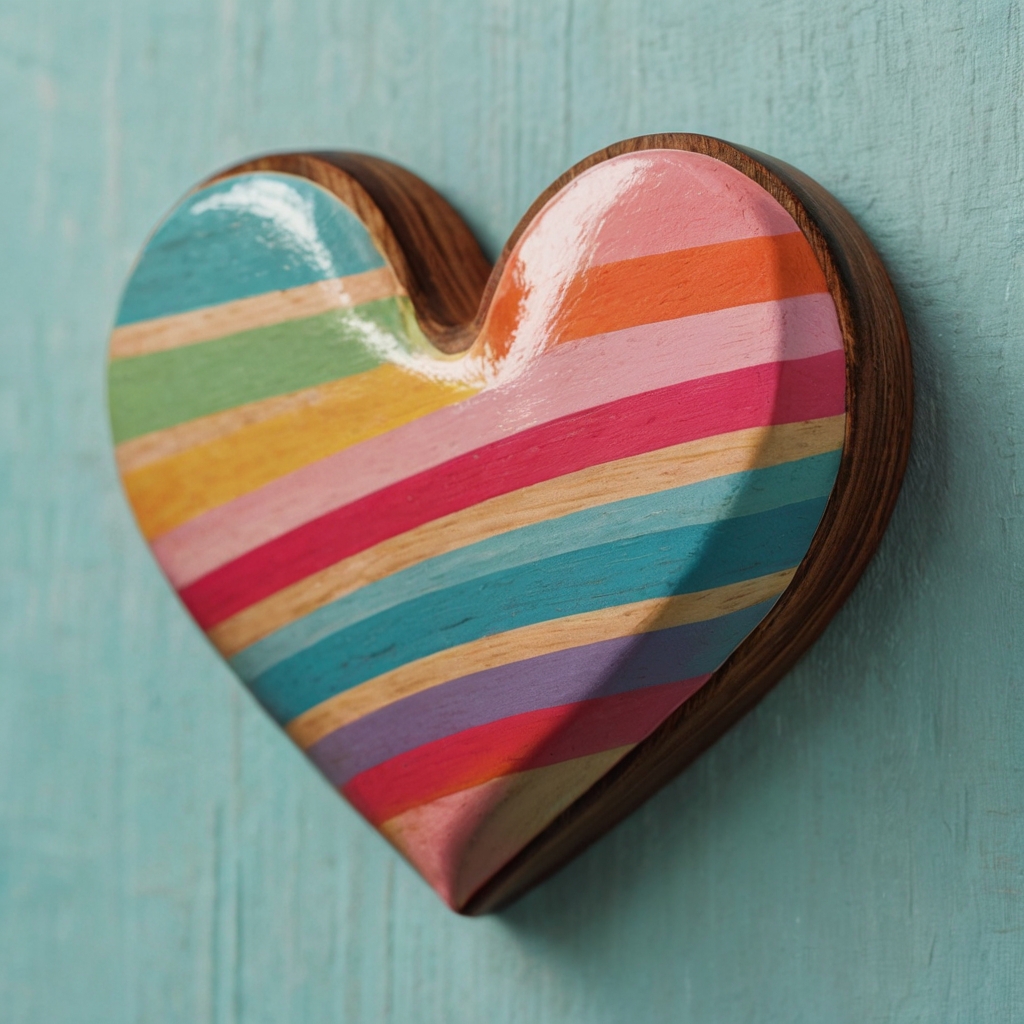 A striped wooden heart in vibrant pastels or bold neon hues. A playful, fun accent for kids' rooms or party decor.
