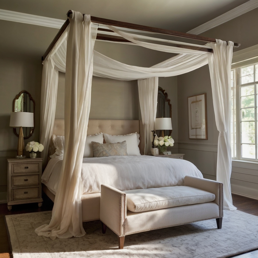 A luxurious bedroom with a white canopy bed and flowing light fabrics. Soft lighting adds warmth, creating a serene retreat for restful slumber.