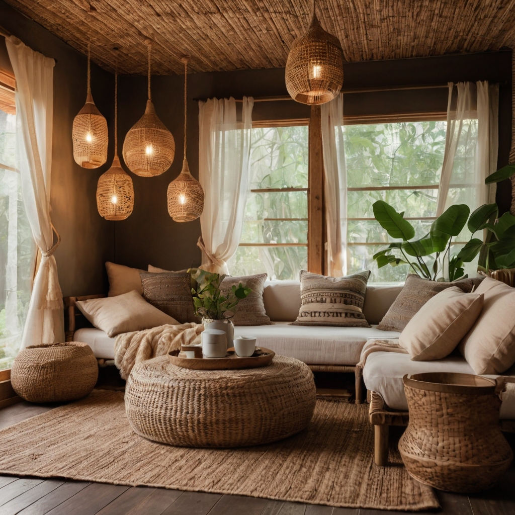 A cozy seating nook with a draped fabric canopy, plush cushions, and warm woven lighting for a relaxed boho vibe.