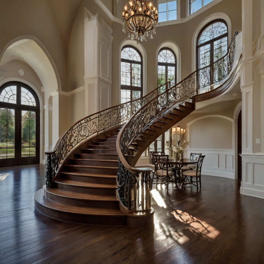 A breathtaking wooden staircase with curved railings and a grand arched window. Natural light floods the space, highlighting the craftsmanship of each polished step.