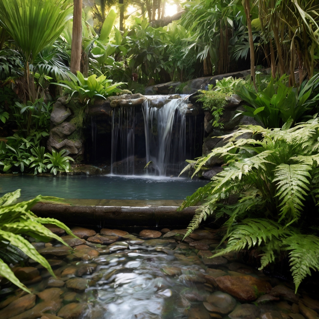 A courtyard oasis with a stunning cascading waterfall, surrounded by lush greenery. Mist rises as water tumbles over smooth stone slabs.