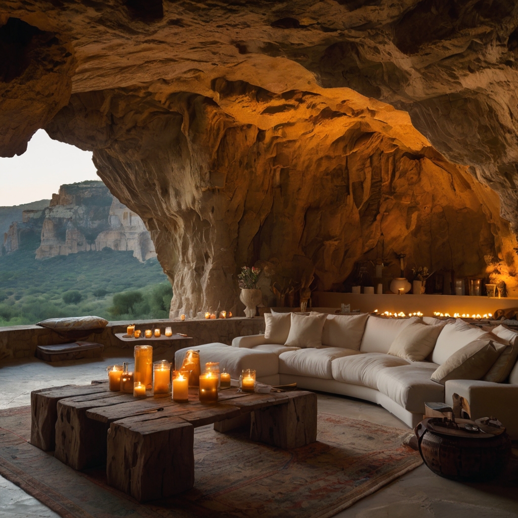 A luxurious cave retreat with warm ambient lighting and plush furnishings. A hidden waterfall cascades outside, adding to the mystical charm.